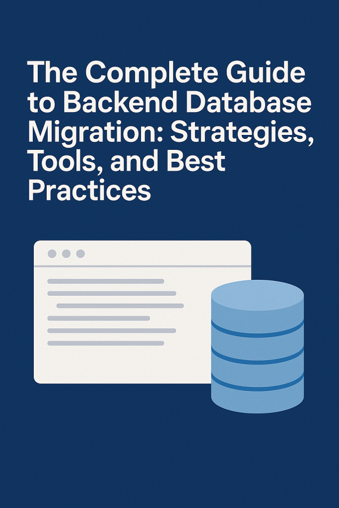 "Complete guide to backend database migration cover featuring strategies, tools, and best practices with database cylinder icon and document illustration"