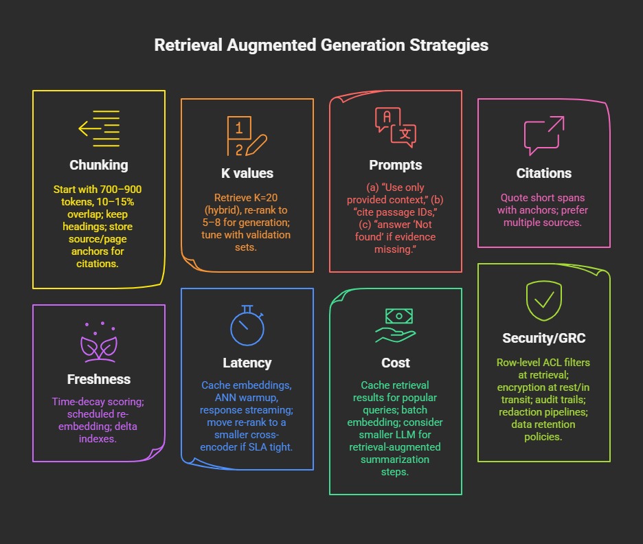 Infographic of Retrieval Augmented Generation strategies: chunking, K values, prompts, citations, freshness, latency, cost, security/GRC.